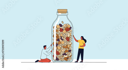 Two people admiring a large glass bottle filled with various seeds nuts and dried fruits.