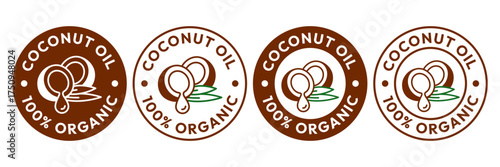 Coconut oil half with leaf icon set. 100% organic and natural. Coconut oil label, logo, badge, symbol, banner, line, flat vector, isolated illustration. Coconut oil label for product packaging design.