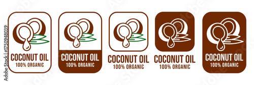 Coconut oil half with leaf icon set. 100% organic and natural. Coconut oil label, logo, badge, symbol, banner, line, flat vector, isolated illustration. Coconut oil label for product packaging design.