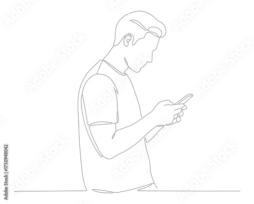 Minimalist Outline Man Using Smartphone Mobile Device Line Art Illustration