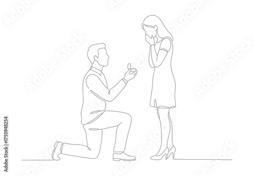 Minimalist Outline Style Couple Proposing on Knee, Wedding Engagement Illustration