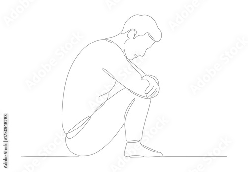 Minimalist Line Art Sitting Man Depression Illustration Sadness Concept