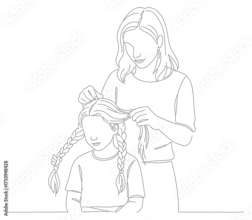 Minimalist Outline Illustration of Mother Brushing Daughter's Hair in Line Art