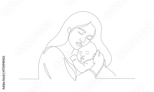 Outline Drawing Young Woman Holding Bouquet of Flowers Illustration