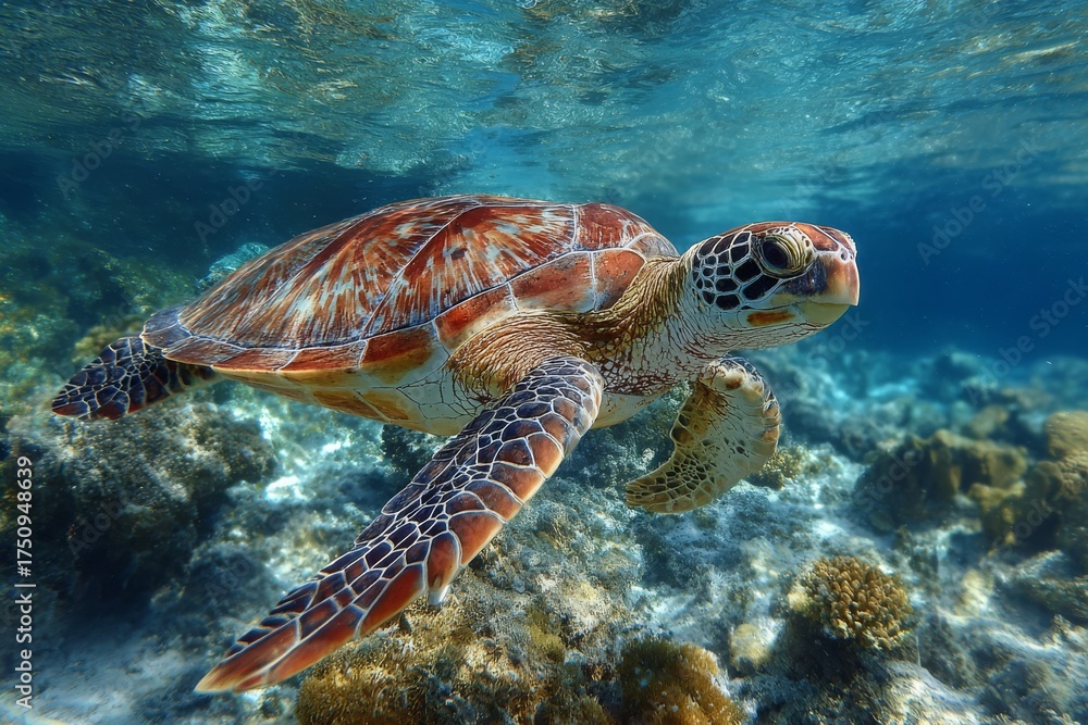 Obraz premium A beautiful green sea turtle glides through clear blue tropical waters.
