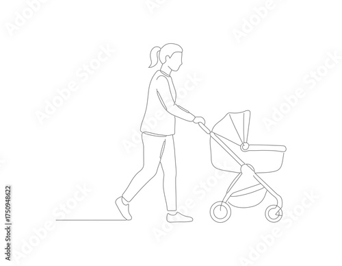 Line Art Woman Pushing Baby Stroller in a Simple Illustration Style