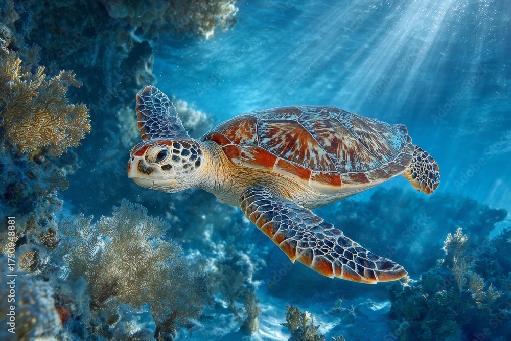 Obraz premium Green sea turtle gracefully glides over vibrant coral, sunlit blue ocean.