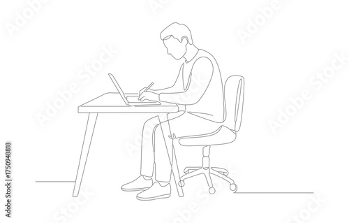Minimalist Line Art Man Sitting at Desk Working Illustration