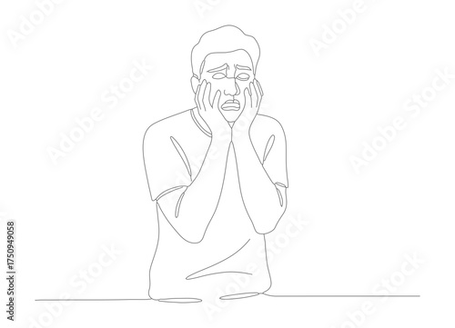 Minimalist Line Art Scared Woman Covering Face with Hands Illustration