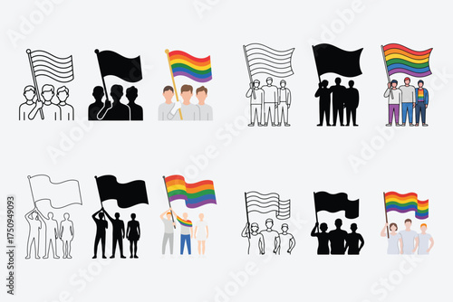 Diverse groups holding pride and protest flags symbolizing unity and activism