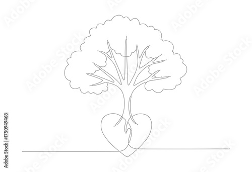 Minimalist One Line Drawing Tree with Heart Root Symbol Icon