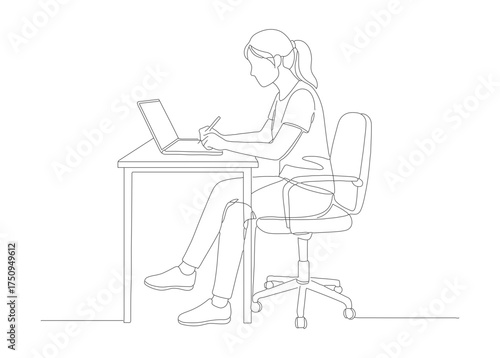 Minimalist Line Drawing Woman Working on Laptop at Desk Illustration