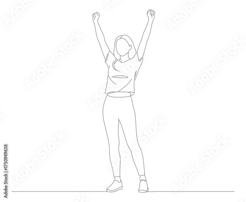 Minimalist Line Art Woman Celebrating Success with Arms Raised Illustration