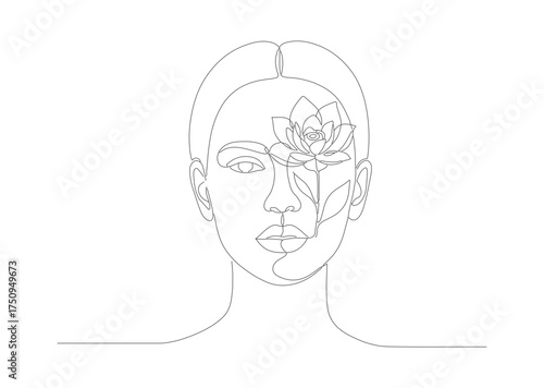 Minimalist Outline Female Face with Floral Design for Beauty Concept