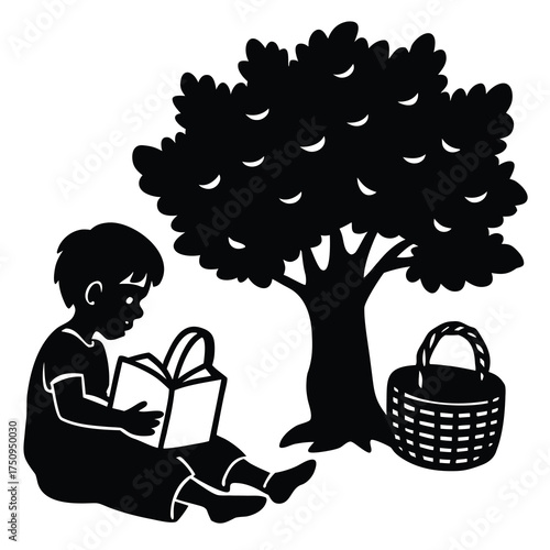 Anak di Pedesaan Membaca di Bawah Pohon Ilustrasi Vektor