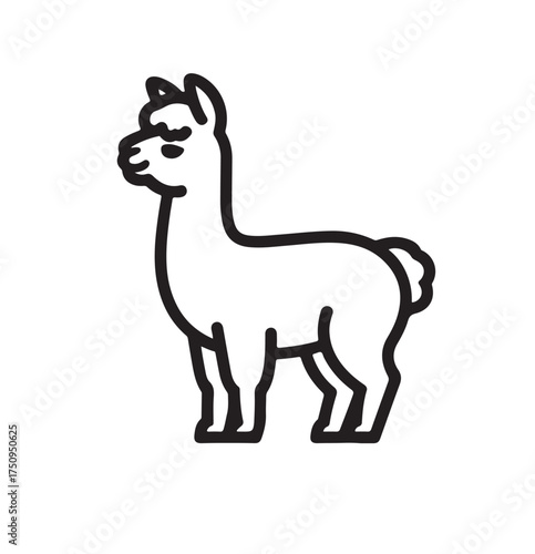 Black outline illustration of a standing alpaca on white background llama animal