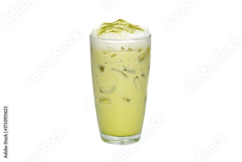 Ice green tea milk serving on white background and isolated concept.