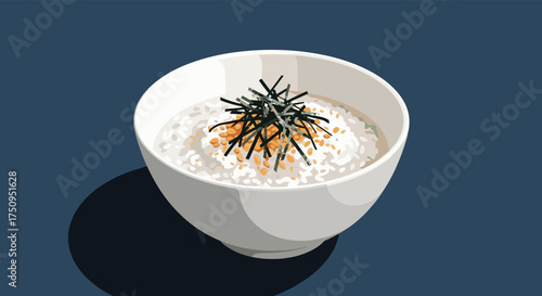 A simple bowl of fluffy white rice topped with savory seaweed and crunchy sesame seeds.