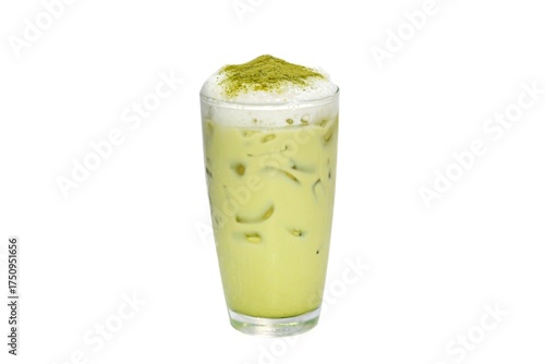 Matcha green tea serving on white background and topping with matcha powered on top, isolate concept and white background. 