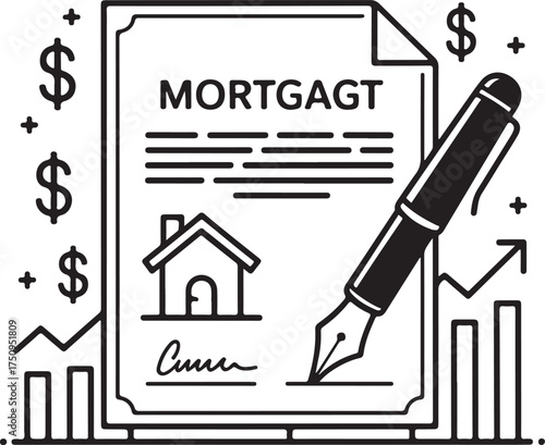 Home Loan Contract Vector Icons – Mortgage Paper, Signature, House, and Financial Symbols