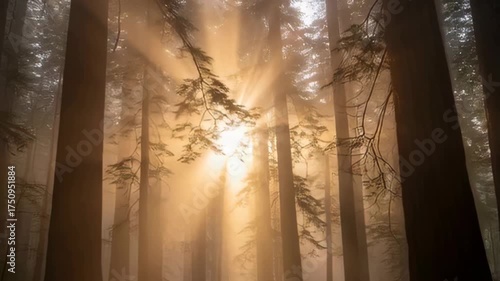 Sunbeams Pierce Foggy Redwood Forest Canopy Creating Golden Hour Atmosphere Through Tall Trees