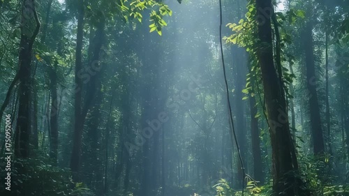 Sunlight Beams Through Lush Green Tropical Forest Canopy Illuminating Floating Dust Particles in Dense Woodland