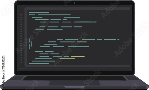 Laptop with Code Window Outline Vector – Angled Perspective, Programming Concept
