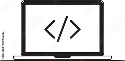 Laptop with Coding Screen Outline Icon – Programming and Web Development Vector
