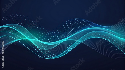 Abstract flowing wave of glowing blue and green particles on dark background