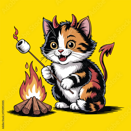 Cute Devil Cat Roasting Marshmallow – Calico Halloween Campfire