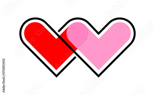 Continuous one line drawing of two hearts icon with red and pink color spots. Holiday card, romantic, wedding design elements. Modern and minimalist design symbol of love.