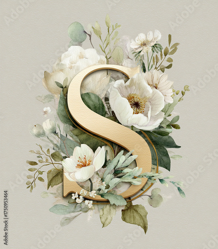 A beautiful, elegant watercolor painting of a golden letter 