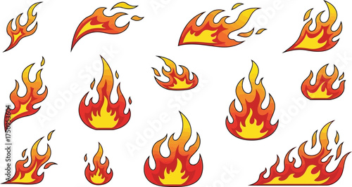 A collection of various cartoon-style fire and flame icons set against a white background, showing different shapes and sizes.