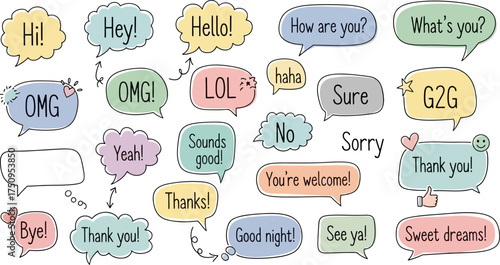 A collection of colorful hand-drawn speech bubbles with common chat messages and internet slang.