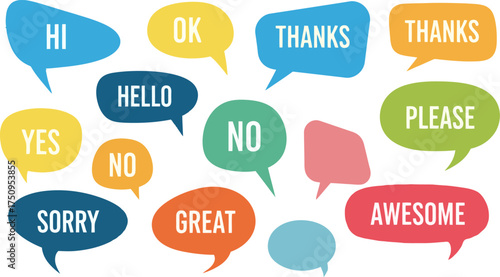 A collection of colorful speech bubbles with common words and phrases like HI, OK, THANKS, HELLO, NO, YES, PLEASE, SORRY, GREAT, and AWESOME.