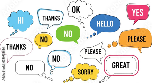 Collection of speech bubbles with common words, including greetings and responses.