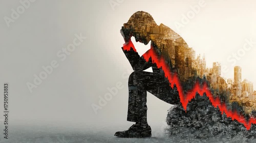A businessman lost in thought, overwhelmed by financial decline and urban chaos, illustrated by a city skyline blending with a falling stock market trend.