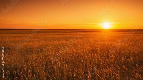 Vast Golden Field Under a Fiery Sunset Sky With Sun Rays Shining Through Tall Grass in a Rural Landscape