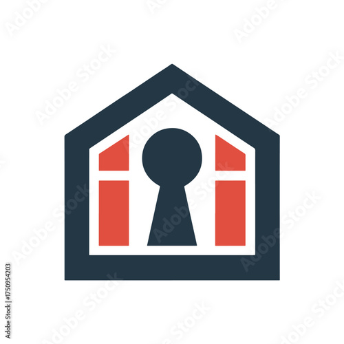 Dark blue house outline with red windows and keyhole shape home lock