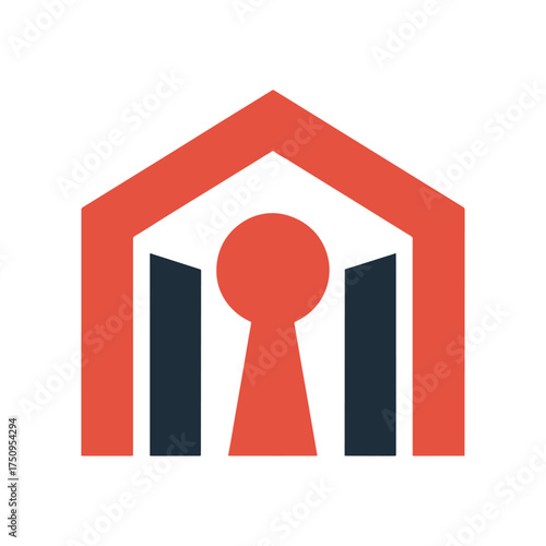 Red and dark blue abstract house shape with keyhole negative space architecture building