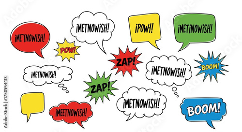 A collection of comic book style speech bubbles and sound effect graphics.