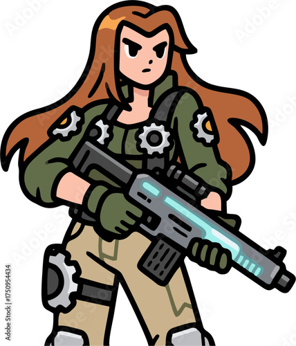 Cartoon Female Shooter Mascot Vector – Confident Woman Soldier with Futuristic Rifle in Action Pose