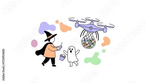 Witch operates drone delivering candy to ghost for modern Halloween celebration