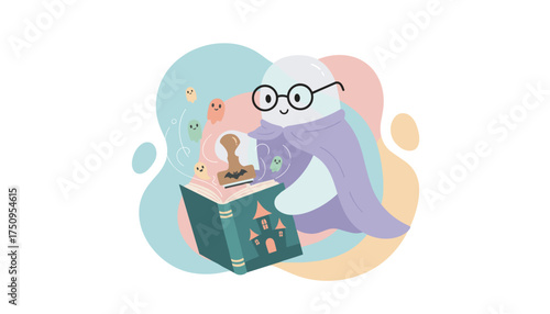 Cute ghost wizard reading a spellbook tiny ghosts flying out Magical storytelling fun
