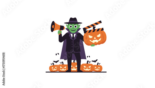 Halloween director announces spooky event Festive character with megaphone clapperboard pumpkin ghosts