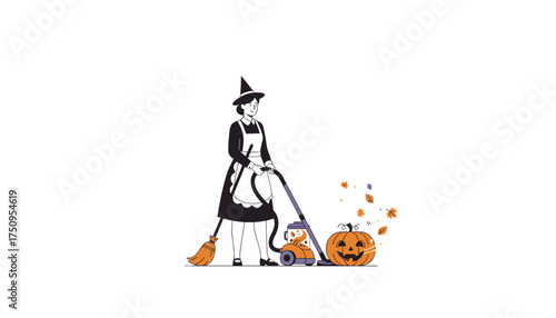 Halloween witch vacuums autumn leaves and ghosts around a jackolantern Spooky season cleanup