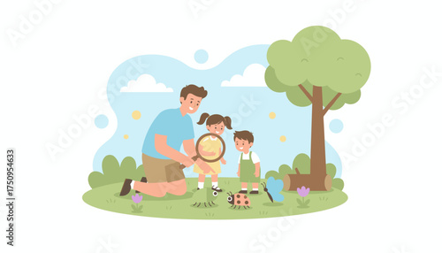 Father and kids explore insects with magnifying glass in park fostering curiosity and learning