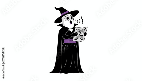 Cartoon witchwizard chanting spells from a batfilled scroll Perfect for Halloween magic
