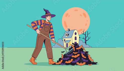 Person in witch hat raking a pile of bats under a full moon near a house Halloween cleanup concept