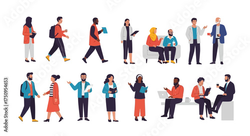 A diverse set of modern flat vector illustrations depicting people of various ethnicities and ages in casual and business attire.